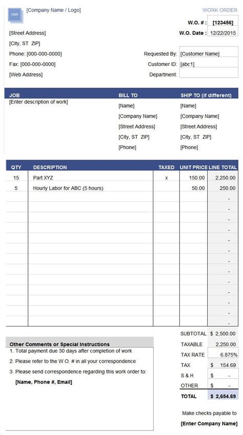 Microsoft Office Work Order Template - BestTemplatess - BestTemplatess