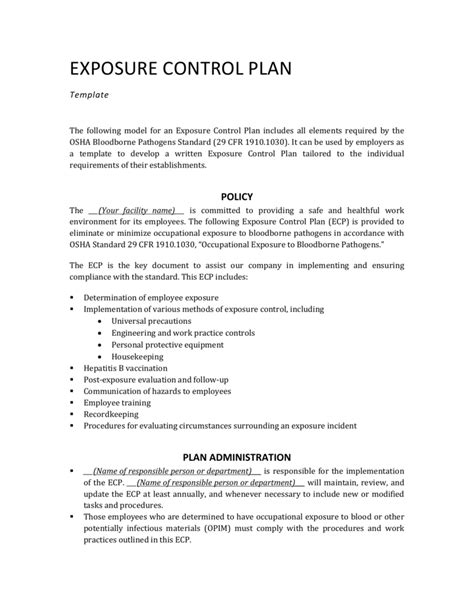 Bloodborne Pathogen Exposure Control Plan Template - BestTemplatess ...