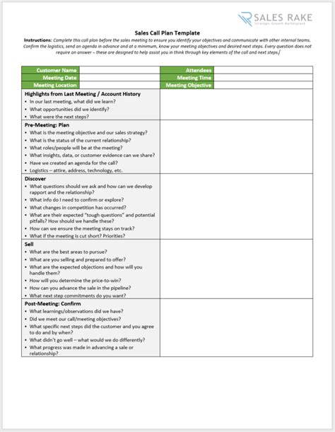 Sales Call Plan Template - BestTemplatess - BestTemplatess