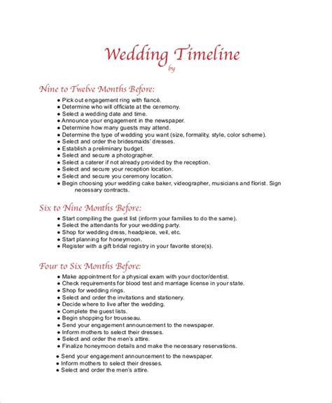 Sample Wedding Timeline Template - BestTemplatess - BestTemplatess